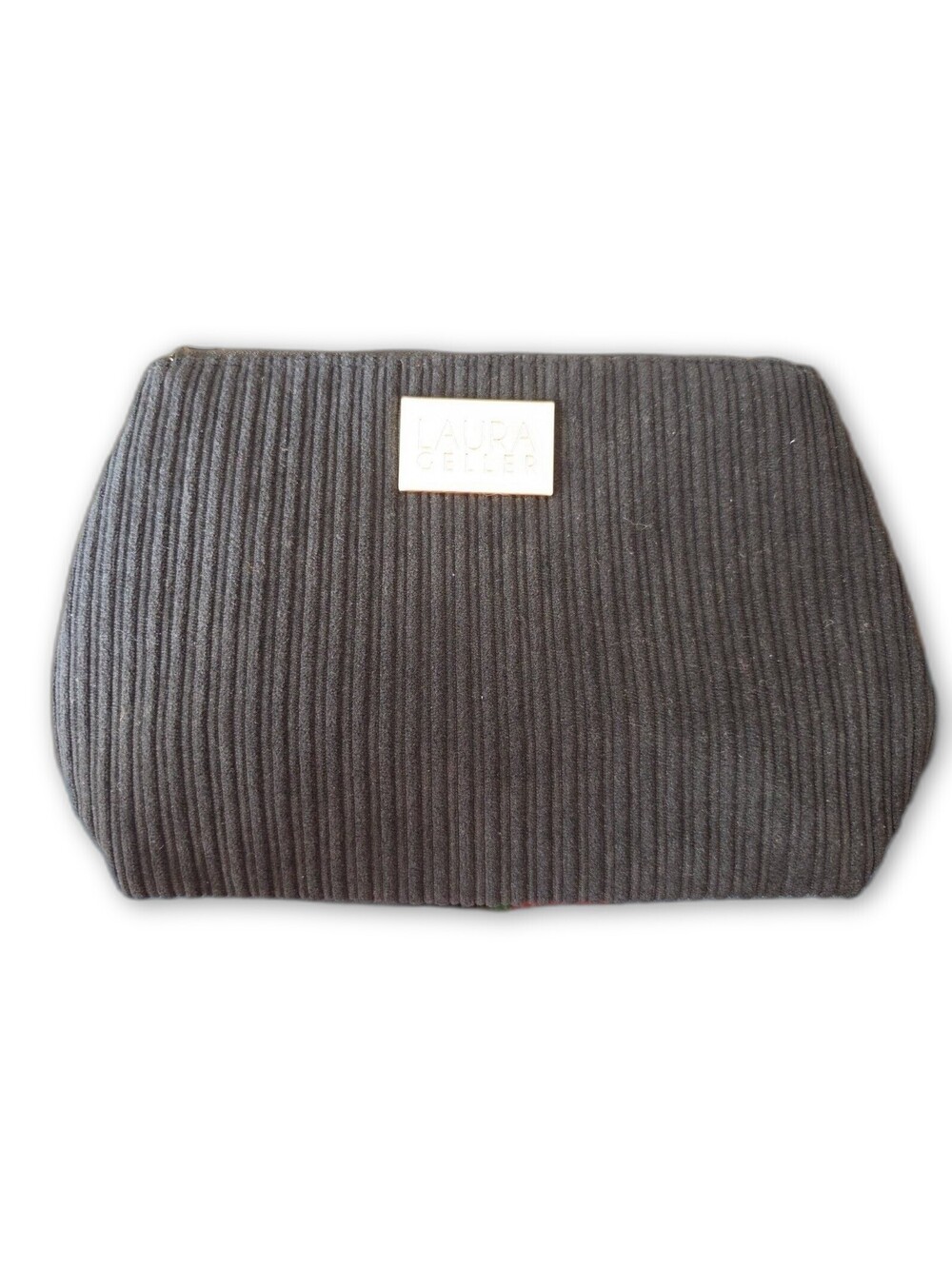 Laura Geller Sm Black Ribbed Corderoy Cosmetic Bag W/Gold Zipper & Logo Plaque